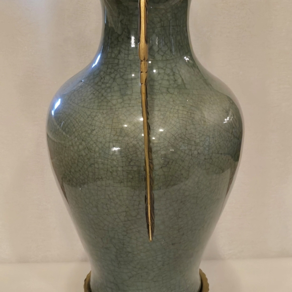 Antique Style Celadon Crackle Vase Ormolu Bronze Handles Base French Rococo 17” - Picture 2 of 11